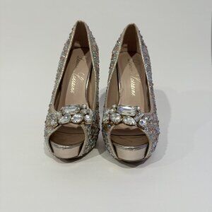 Lauren Lorraine Candy 2 Silver Broach Shimmer Rhinestones Peep Toe Pump Size 7.5